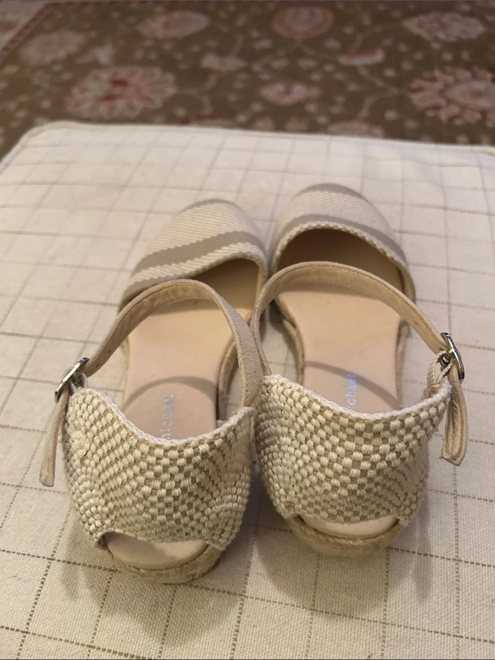 Eric Michael Striped Ankle-Strap Espadrilles in Taupe and Cream